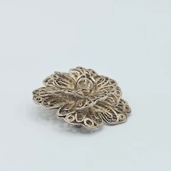 VTG Mexico Silver Filigree Flower Brooch Pin Layered Floral 1.75" REPAIR - Picture 3 of 12